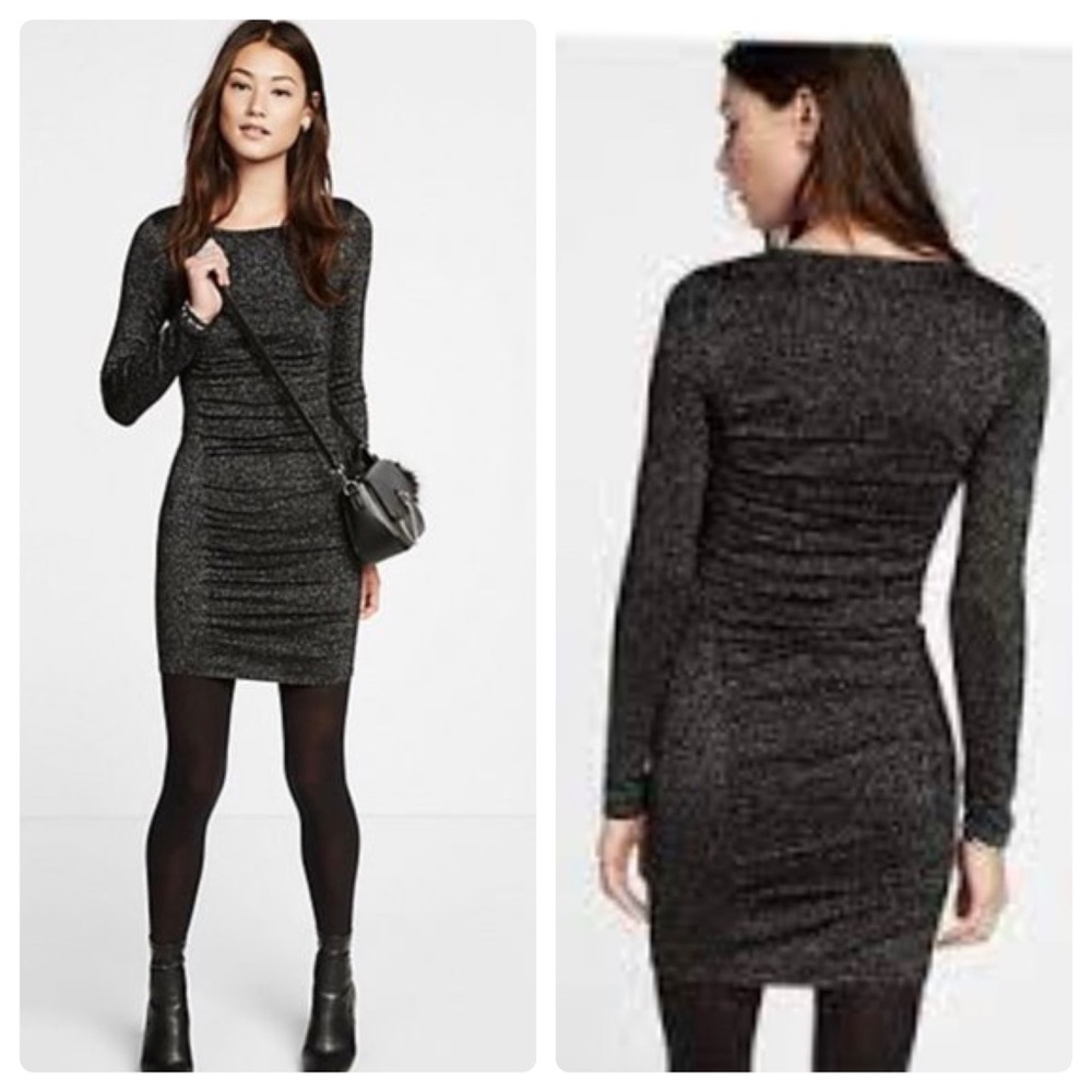 NWT Express | Silver Metallic Shimmer Long Sleeve Ruched Front Bodycon Dress XS